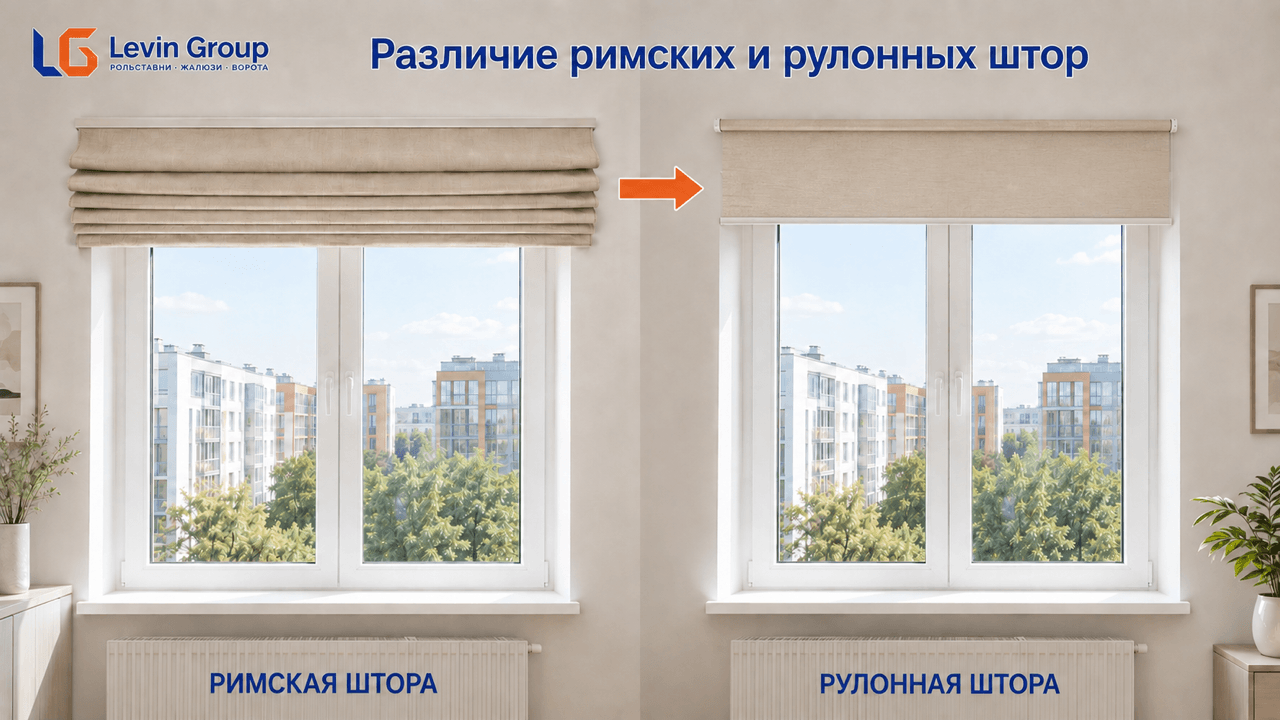 Различие римских и рулонных штор в открытом состоянии
